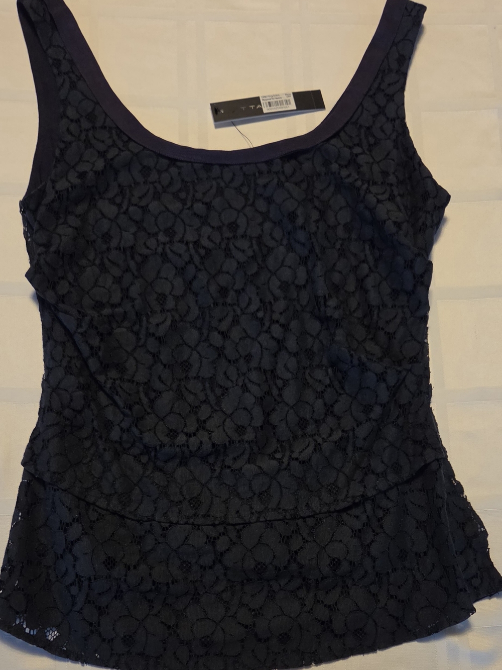 T Tahari Lenida Lace Front Tiered Blouse Spring Navy Blue